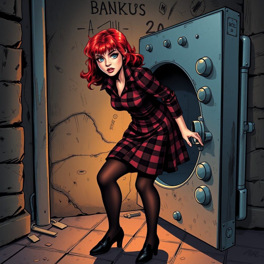 Detective Investigates Bank Vault in Comic Book Style
