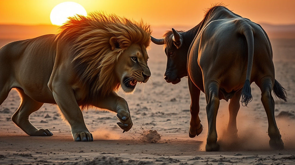 Lion and Cow Standoff in African Savanna