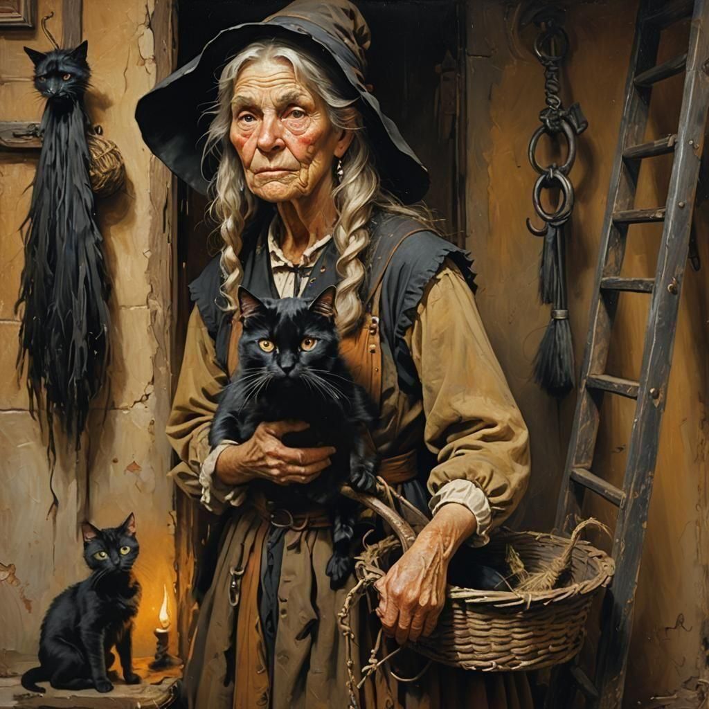 Witch's Chaotic Scene in Oil Painting Style