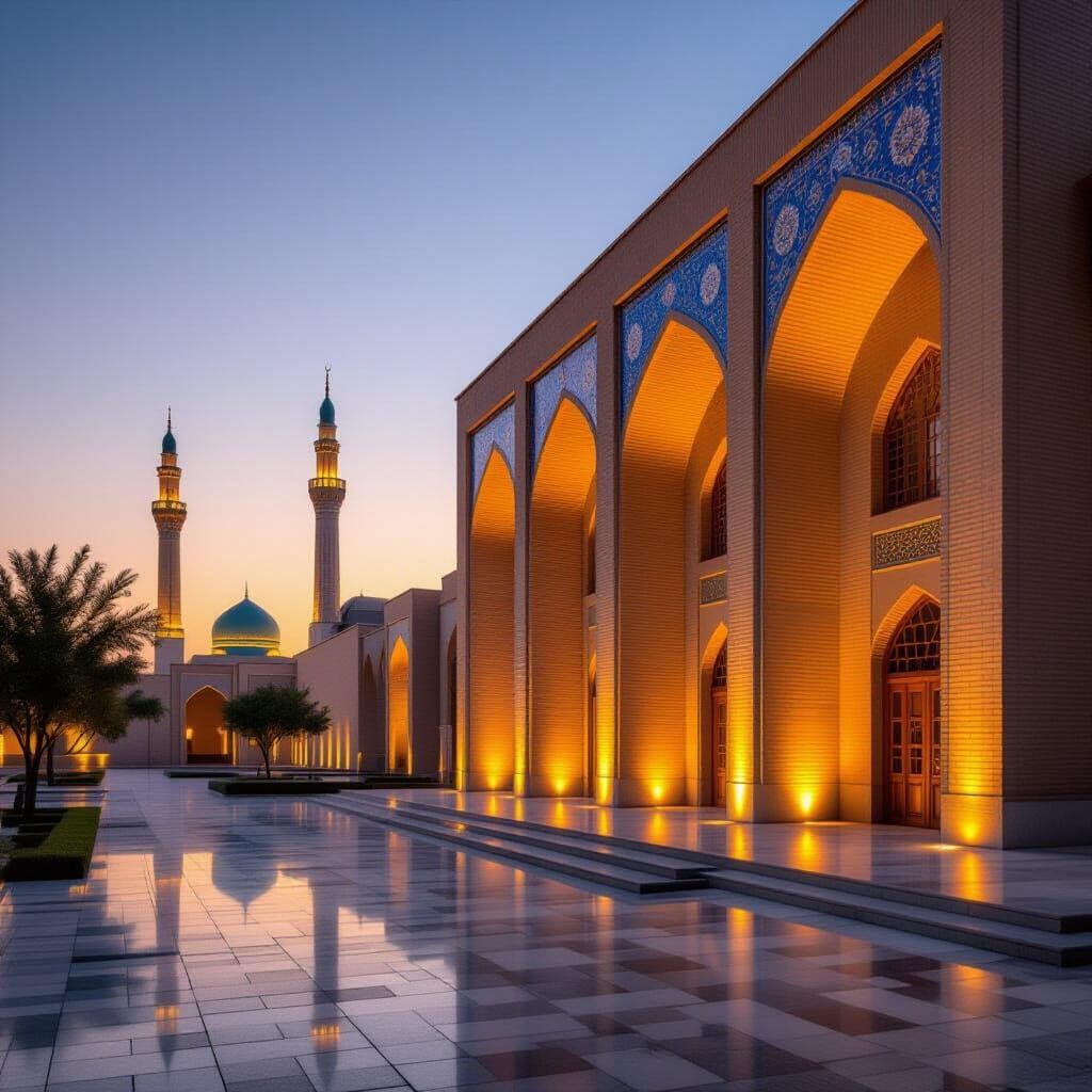Iranian Mosque Arches Merging with Modern Cityscape at Golde...