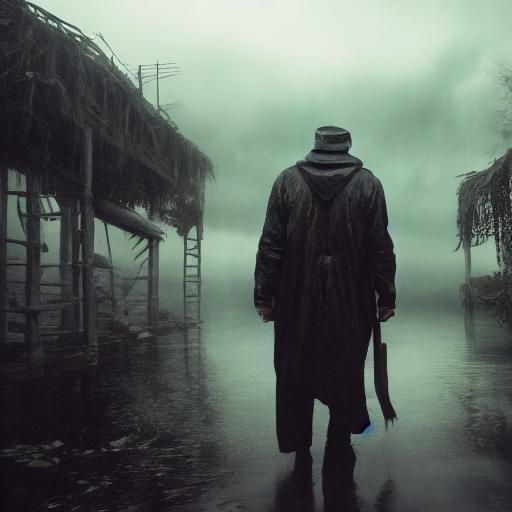 Eerie Lovecraftian Woman by Misty Lake, Cinematic Still