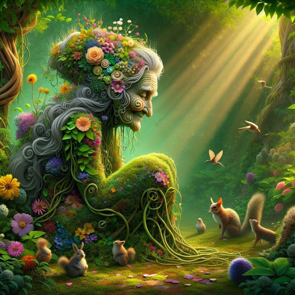 Whimsical Nature Goddess in a Serene Garden Sanctuary