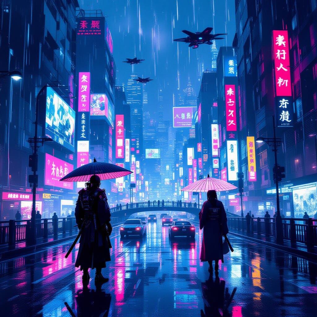 Cyberpunk Cityscape in Neon Rain with Cyborg Samurai