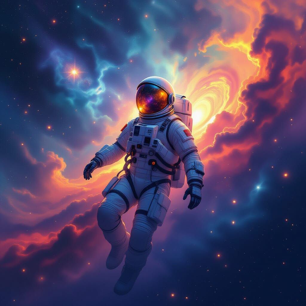 Astronaut Gazing at Nebula in Surreal Cosmic Art Style