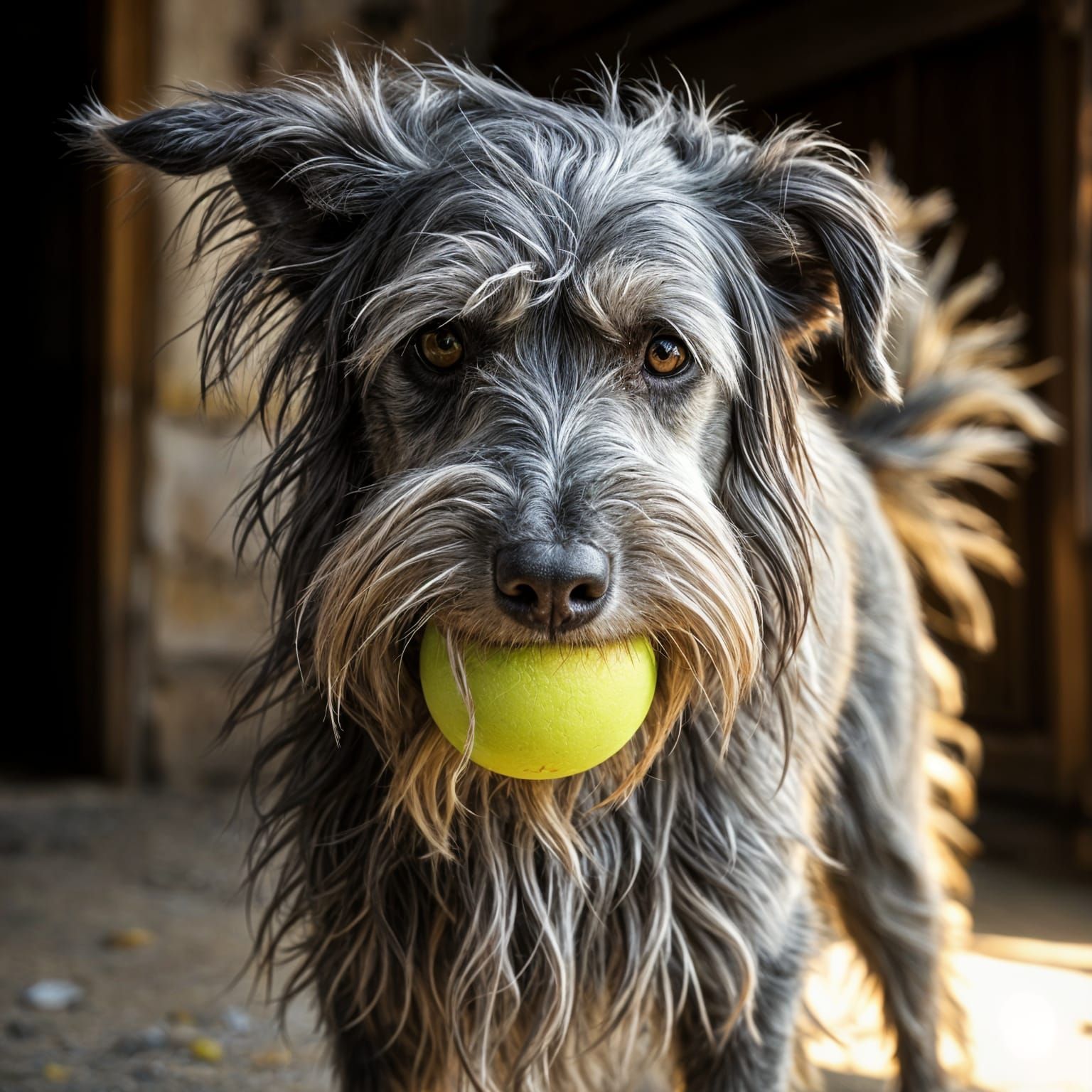 Ragged Grey Dog Ready to Play Fetch