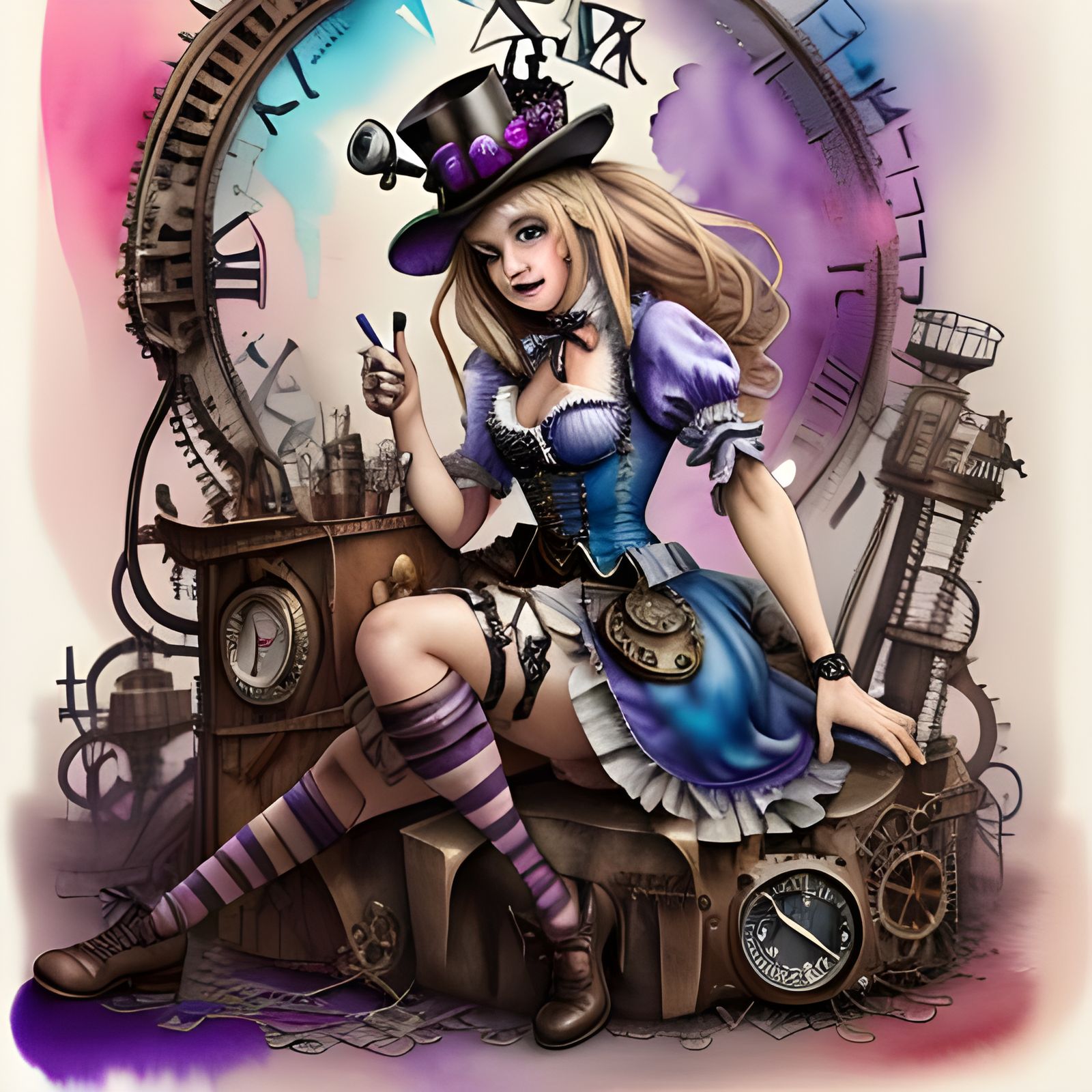 Steampunk Cheshire Cat in Wonderland, Watercolour Graffiti