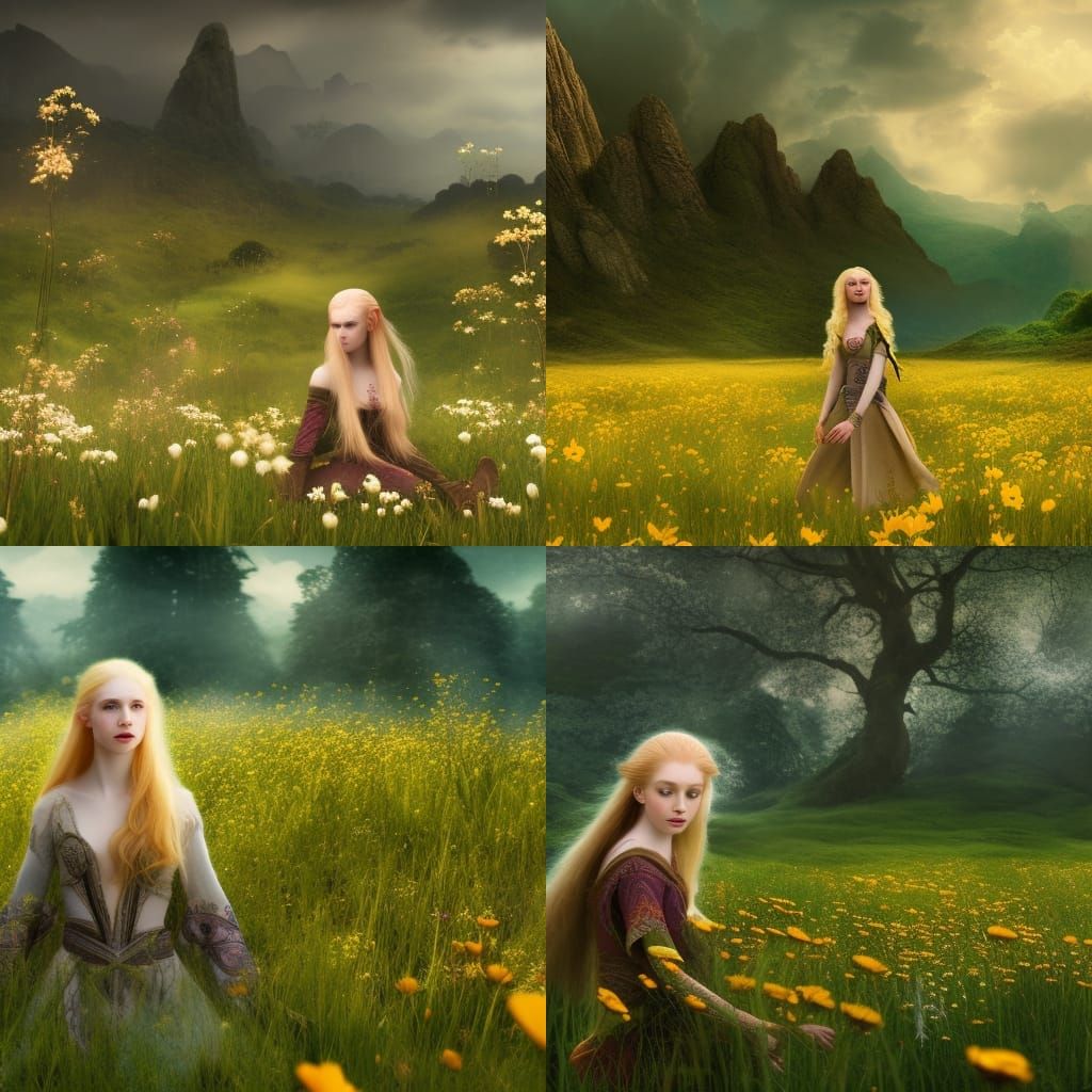 Elf Princess in Flower Meadow: Digital Matte Painting