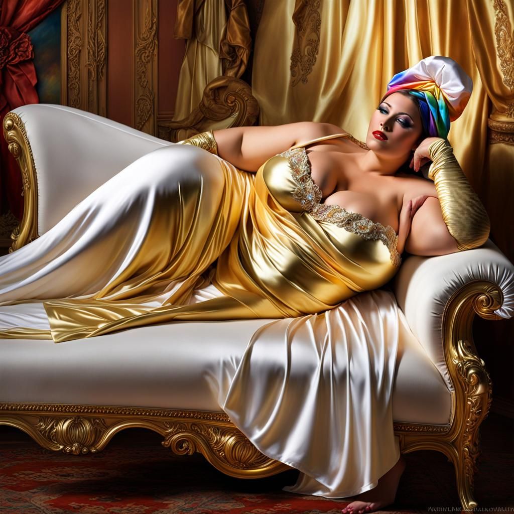 Realistic Artistic Sissy Satin Flamboyant Statuesque Glamorous Big Beautiful Women BBW Women relaxing supine on a Chaise...