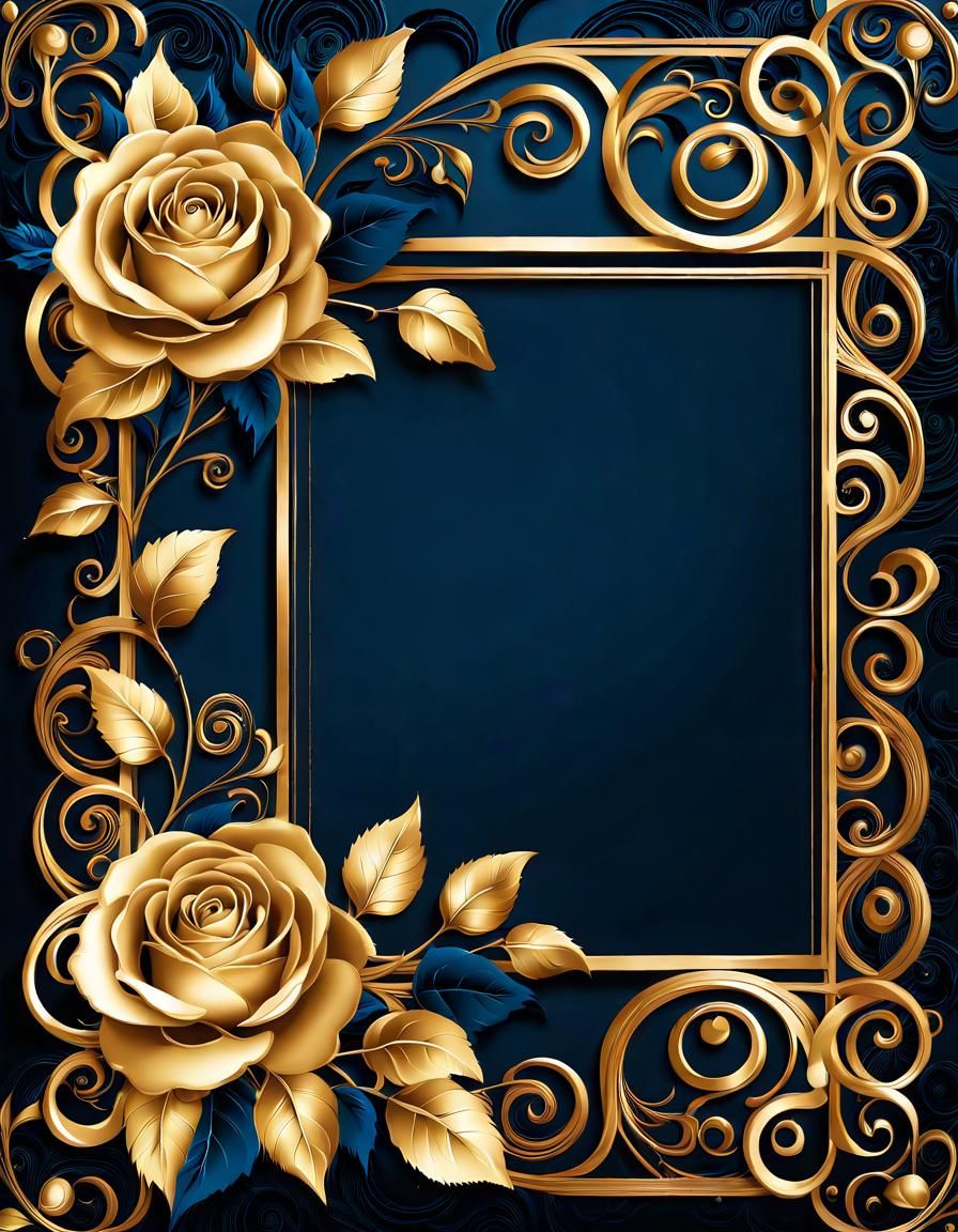 Navy Blue and Gold Rose Filigree Frame Design