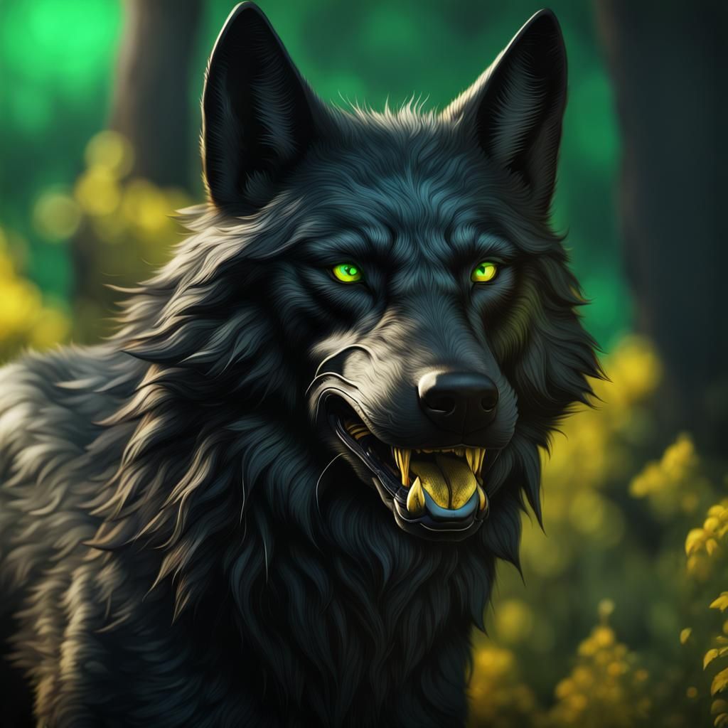 Detailed Black Wolf Portrait in Fantasy Art Style