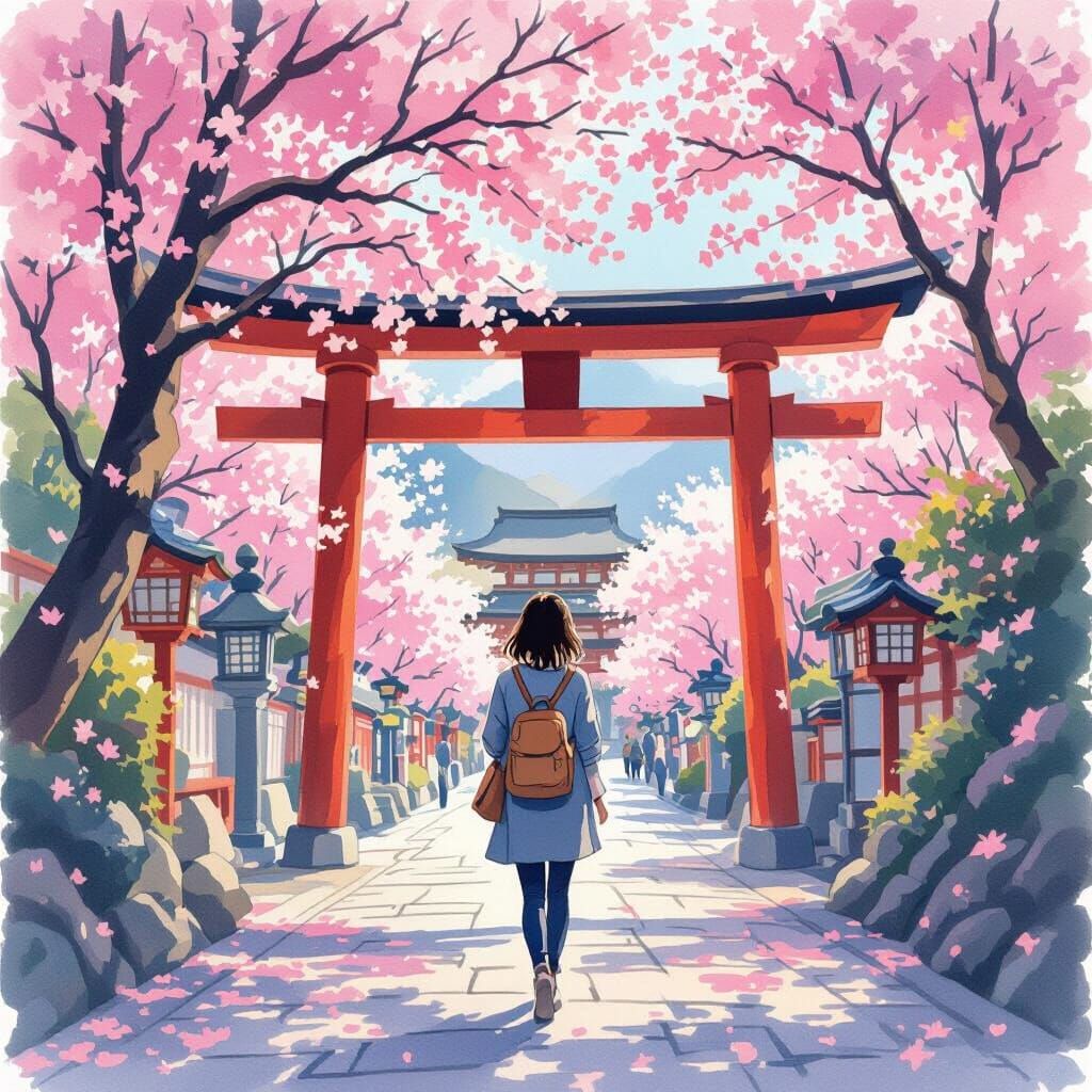Sakura Season Walk: Japanese Temple in Impressionist Style