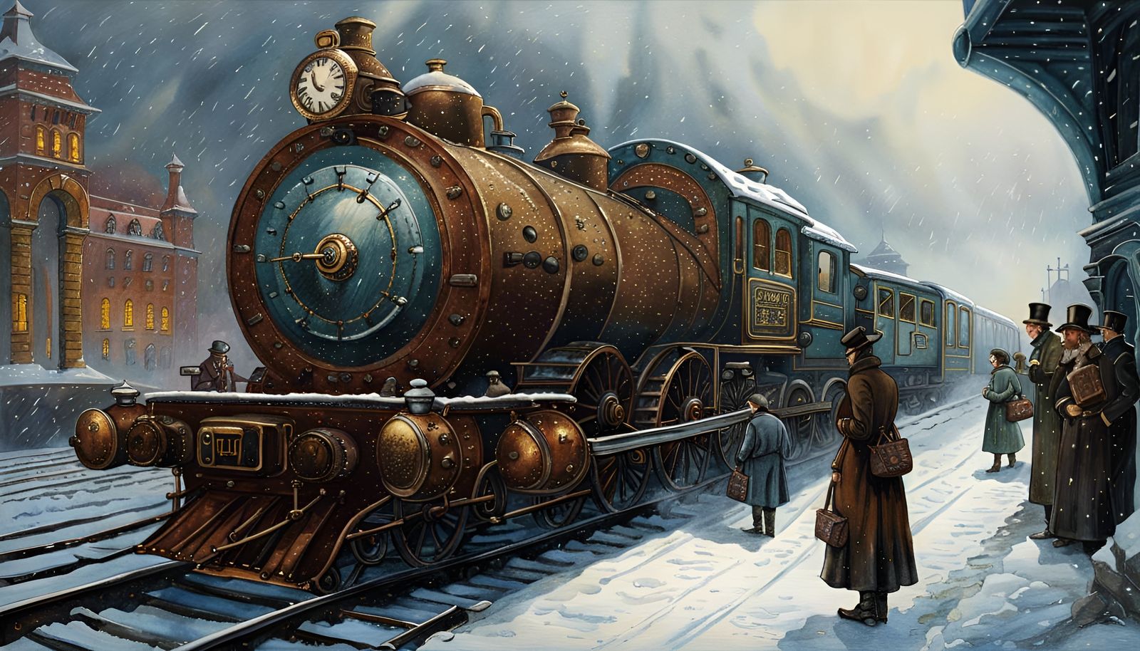 Steampunk Train Station in Winter: Surreal Detailed Painting