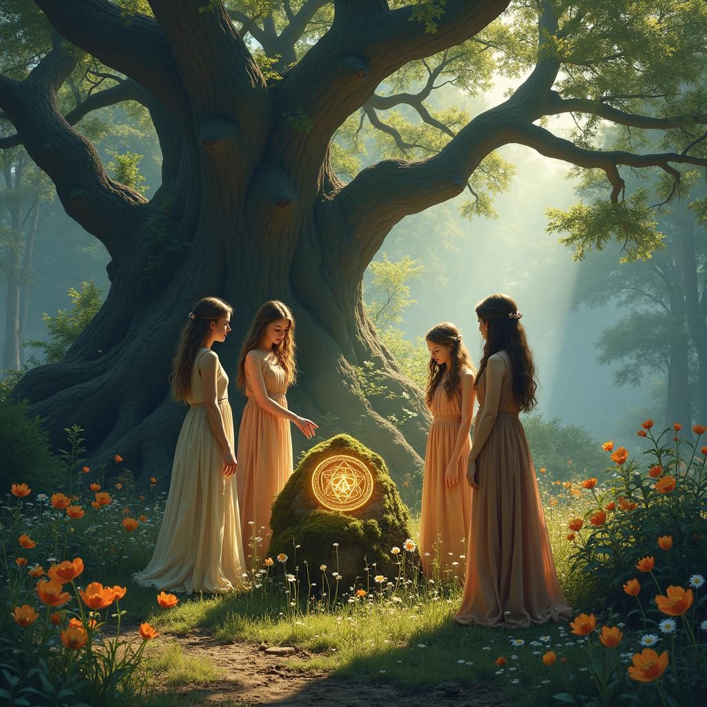 Mystical Forest Clearing with Sisters and Golden Crown