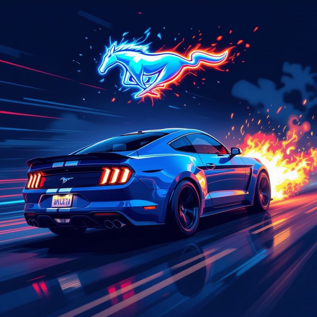 Mustang with Blue Flame Exhaust and Fiery Logo