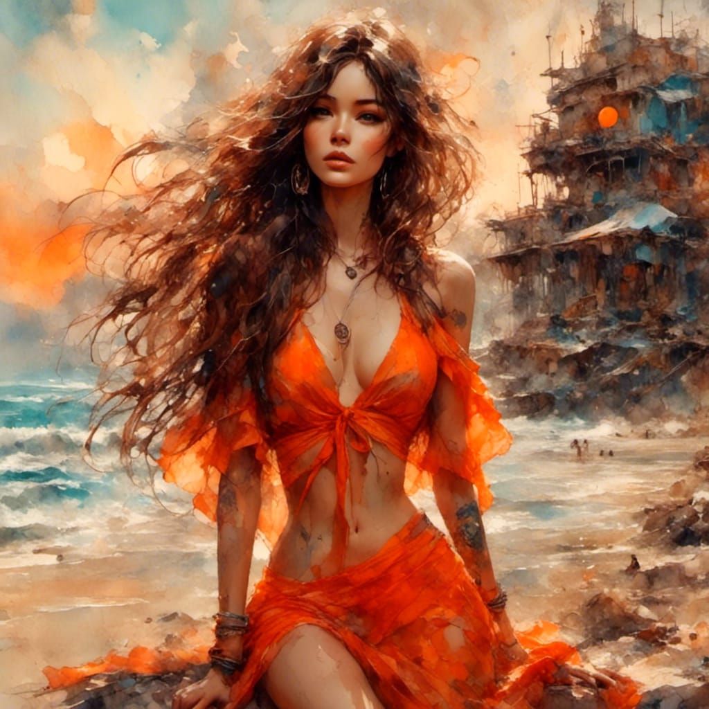 Woman on Beach Posing as Oil Painting