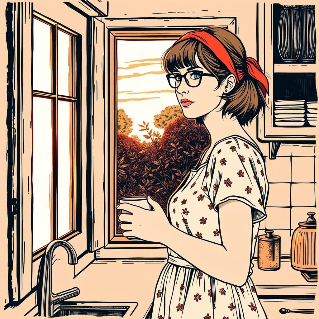 Woman Gazing at Dawn in Eichenberg Woodcut Style