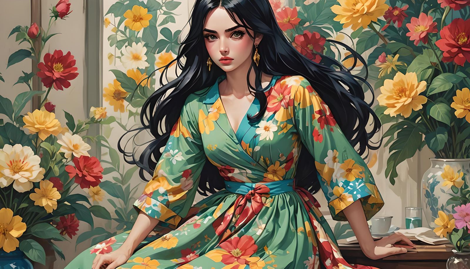 Manga-Style Portrait: Woman in 1950s Floral Dress