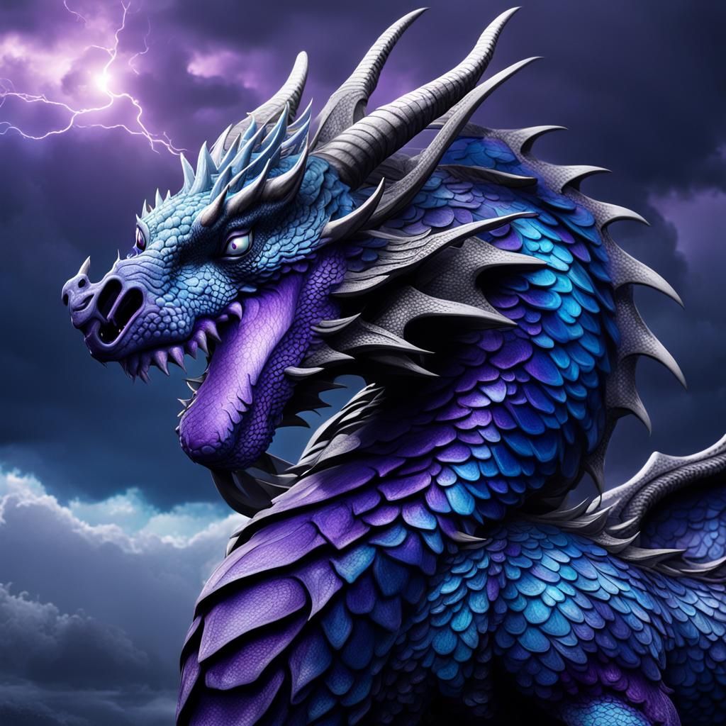 Blue and Purple Diamond Scale Dragon in Stormy Sky