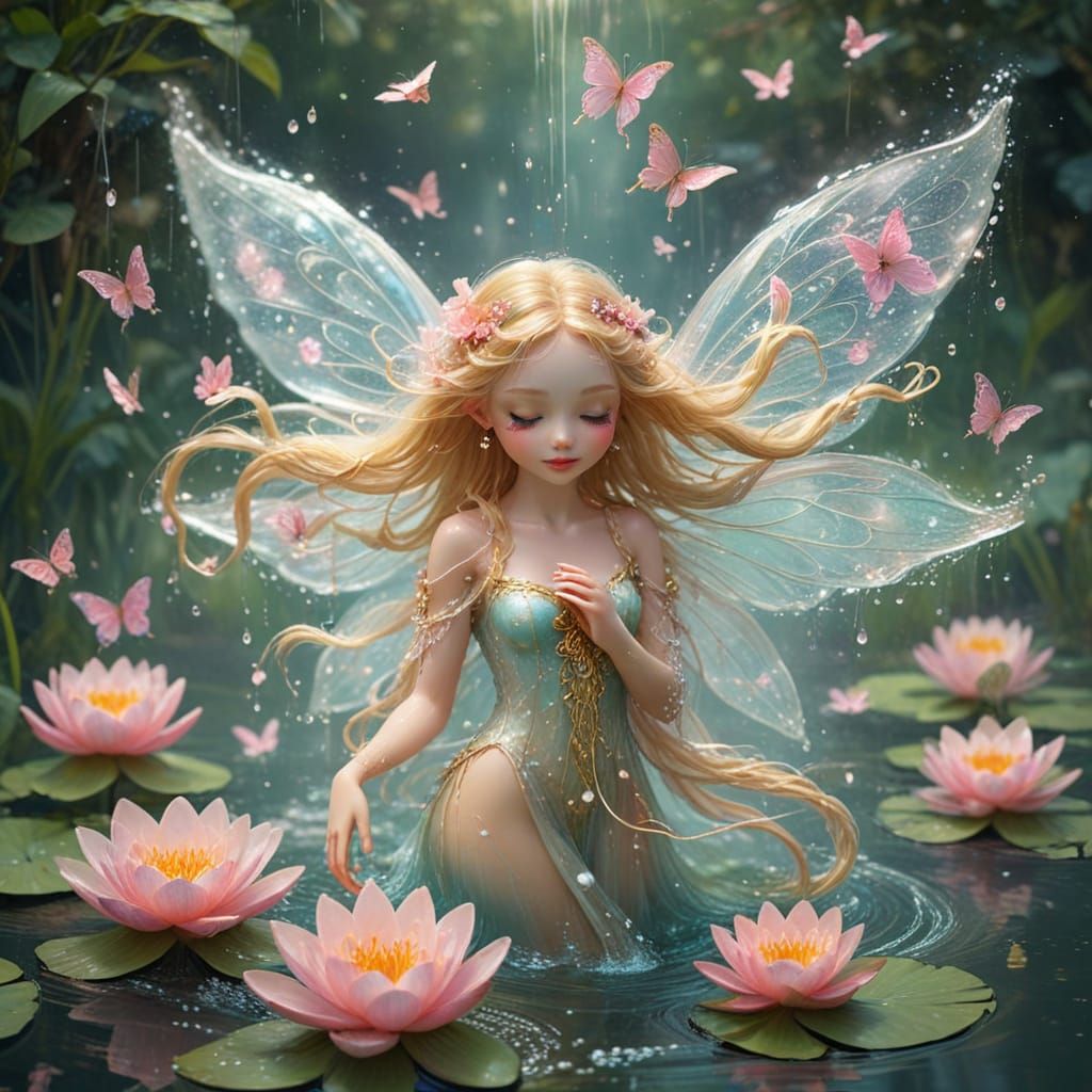 Dancing Water Fairy with Golden Hair and Flute