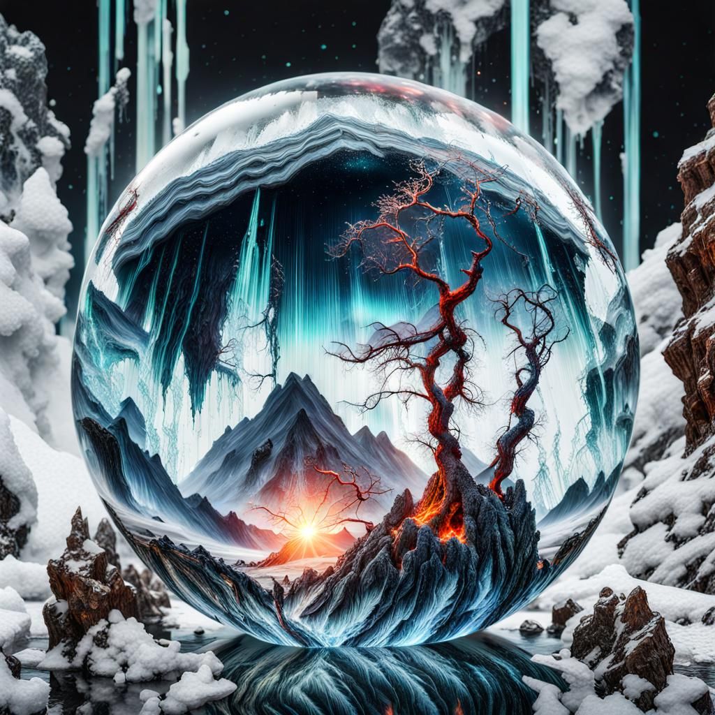 Volcanic Aurora in Glass Bubble: Digital Masterpiece