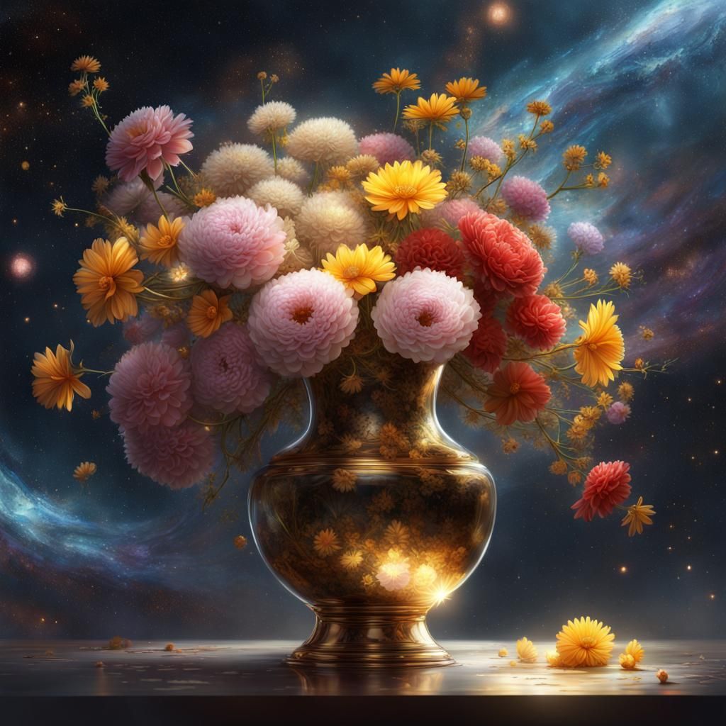 Galaxy Vase of Flowers in Digital Painting Style
