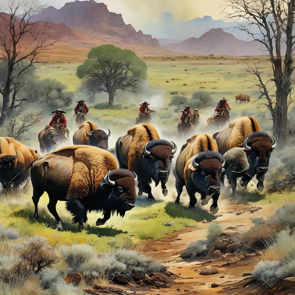 Bison Hunt in Arizona: Surrealist Line Art