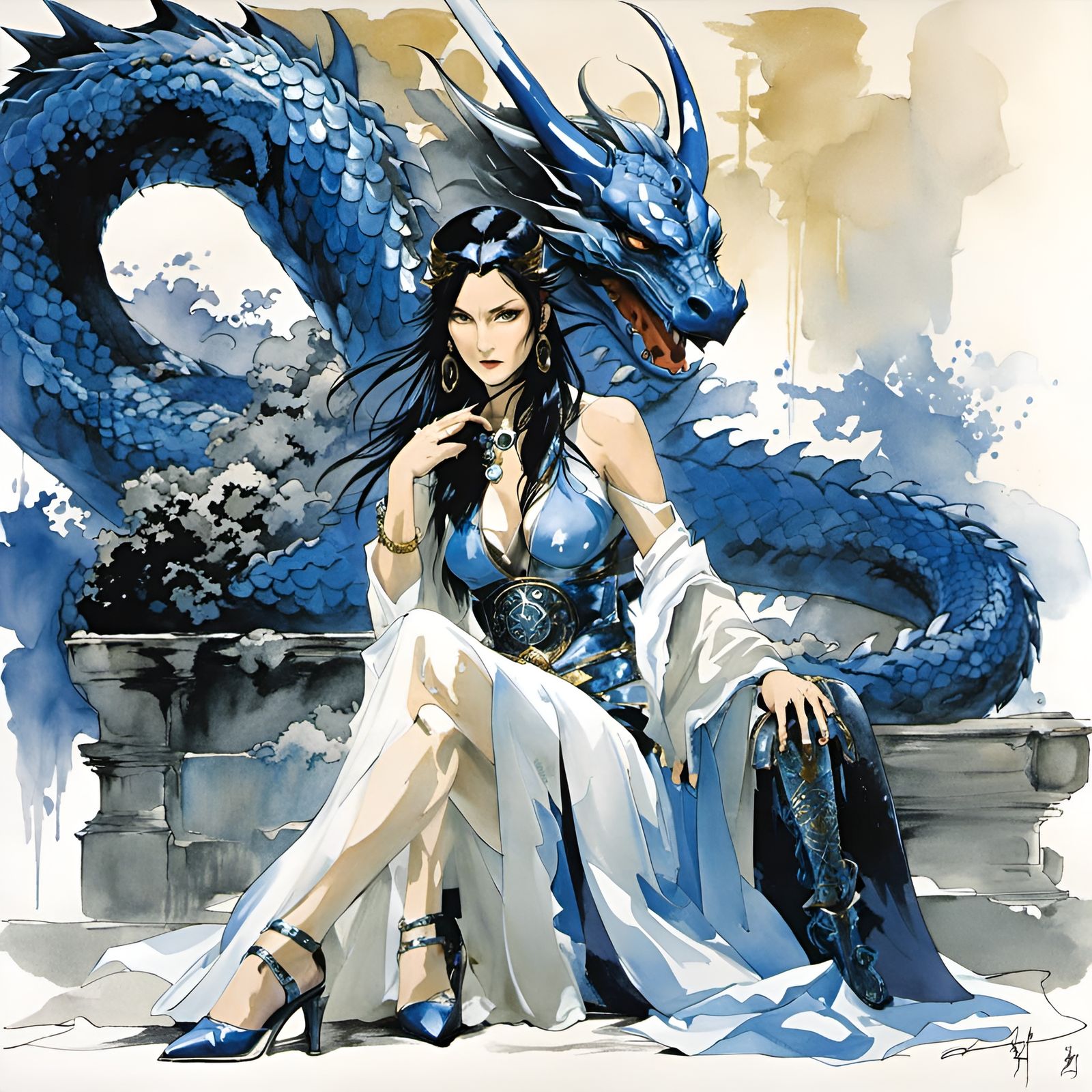 Blue Dragon Priestess and Dragon