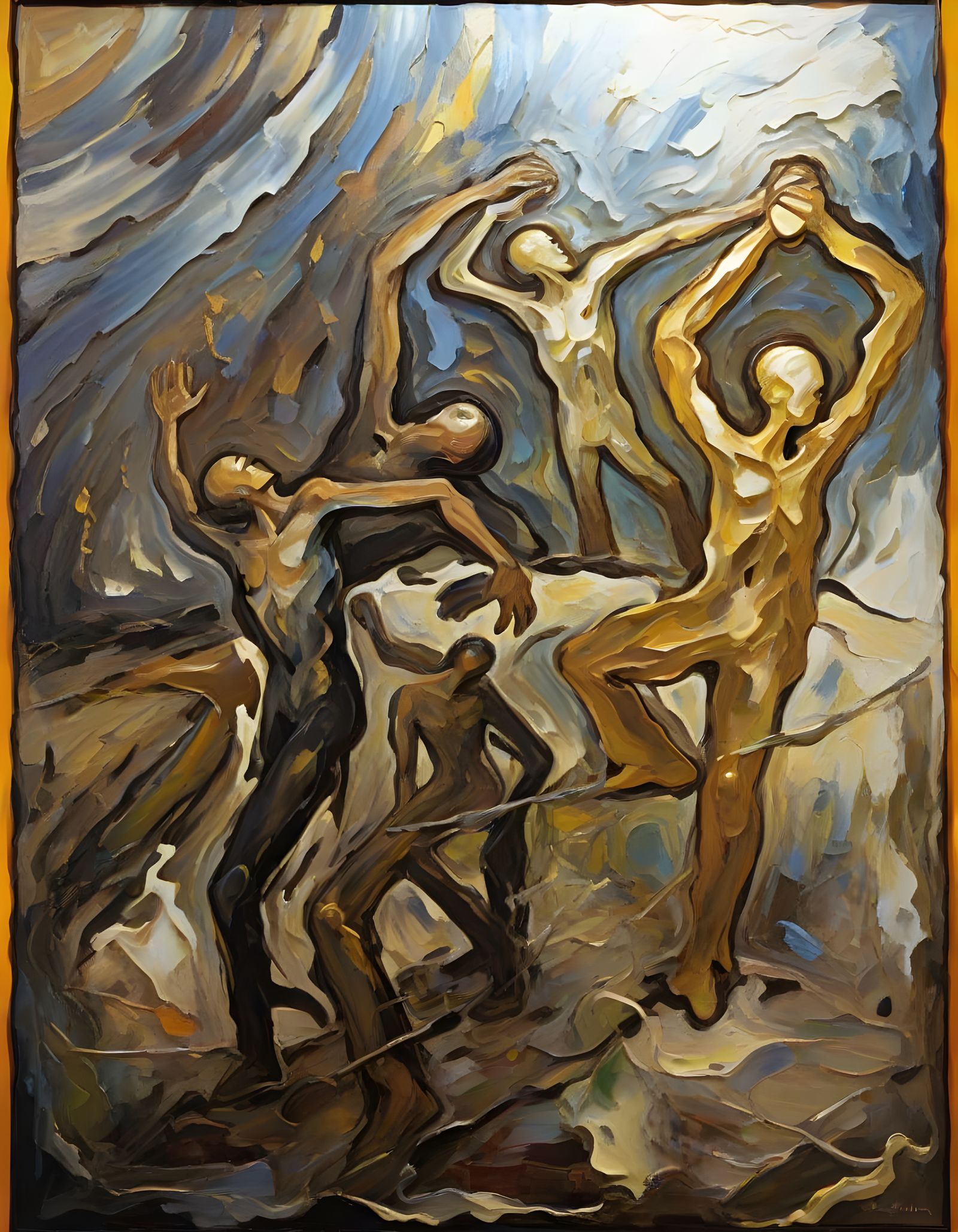 Neo-Impressionist Oil Painting of Intertwined Figures