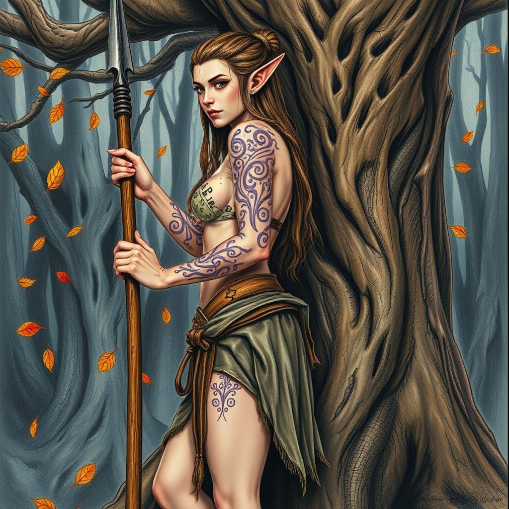 Wood Elf Warrior Woman Leans on Tree in Forest