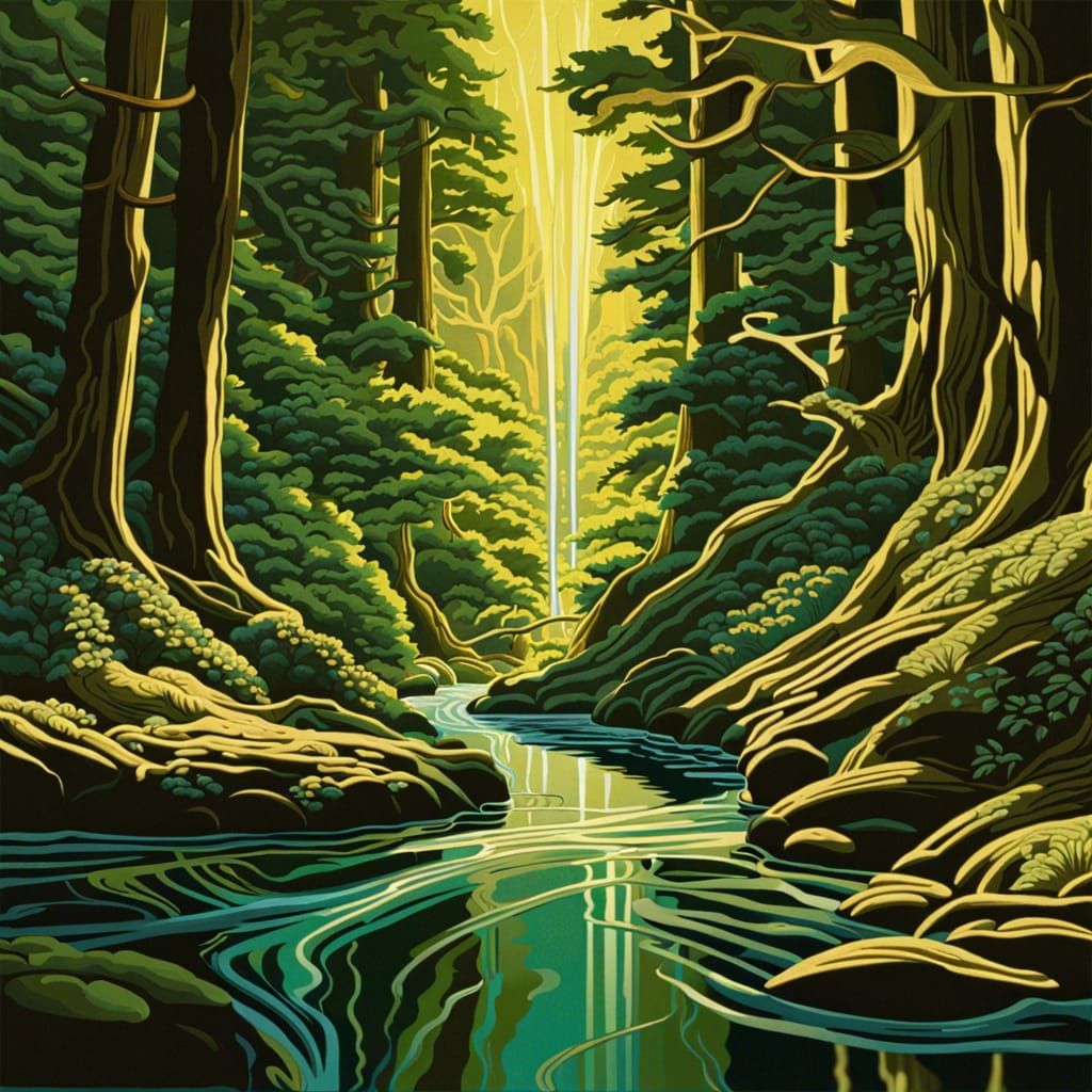 Art Deco Forest Stream with Psionic Energy Auras