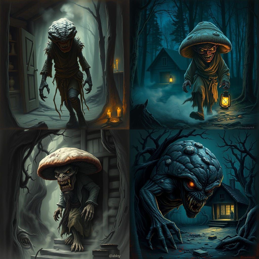 Mushroom Man Emerges from Woods in Dark, Gothic Style