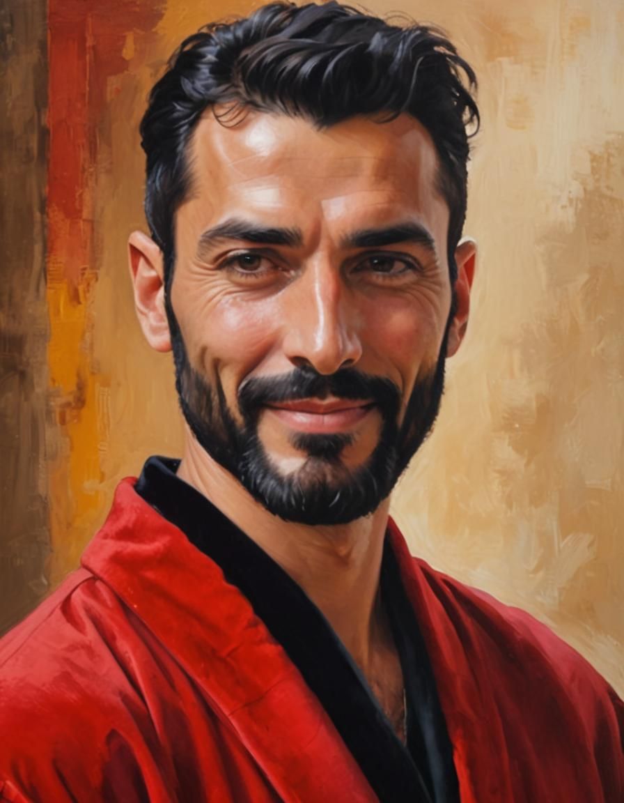 Smiling Man in Red Velvet Bathrobe, Impressionist Style