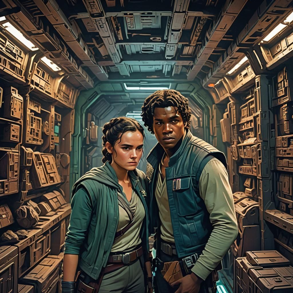 Rey and Finn in Millennium Falcon Hold