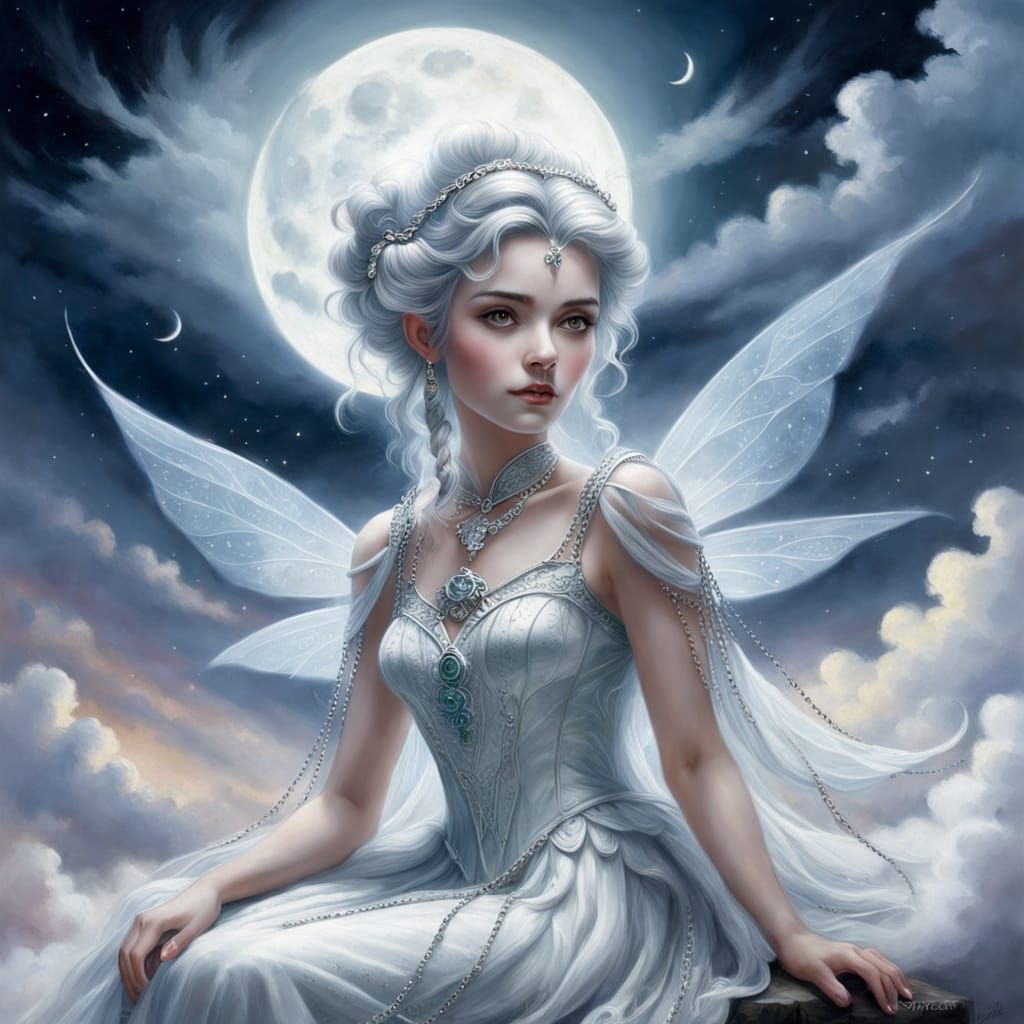 Ethereal Fairy Ghost on Moon in Watercolor Style