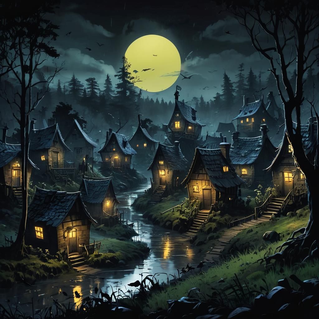 Sinister Village in Forest: Tim Burton Vector Art