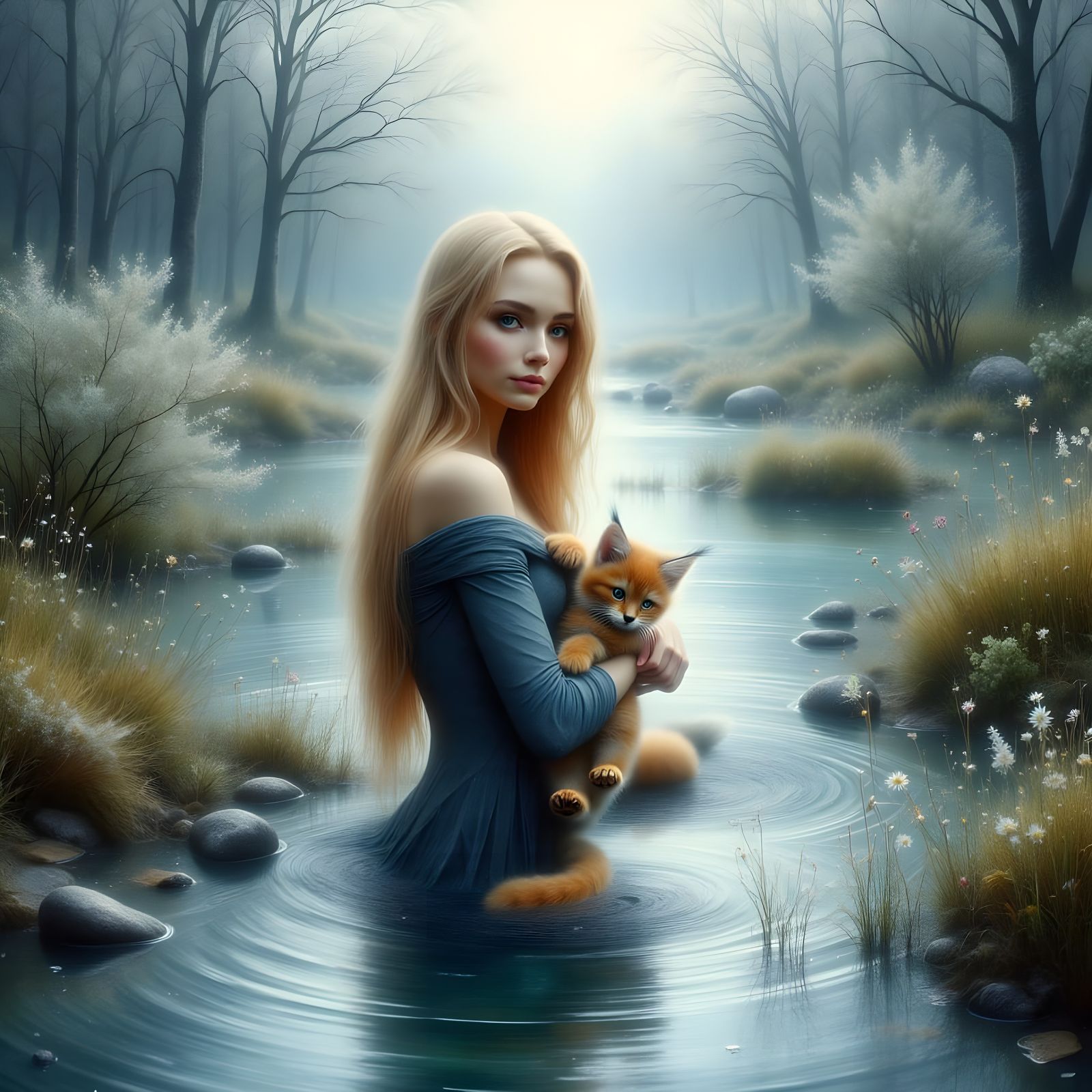 Norse Goddess Wades through Flooded Valley with Baby Lynx