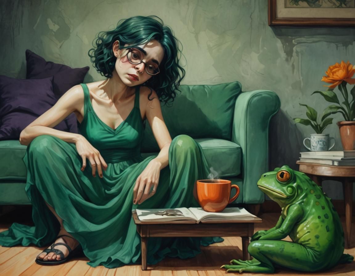 Eerie Portrait in Tim Burton Style with Frog