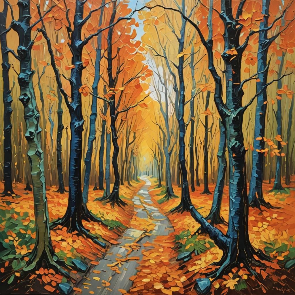 Autumn Forest Path in Expressionist Impasto Style