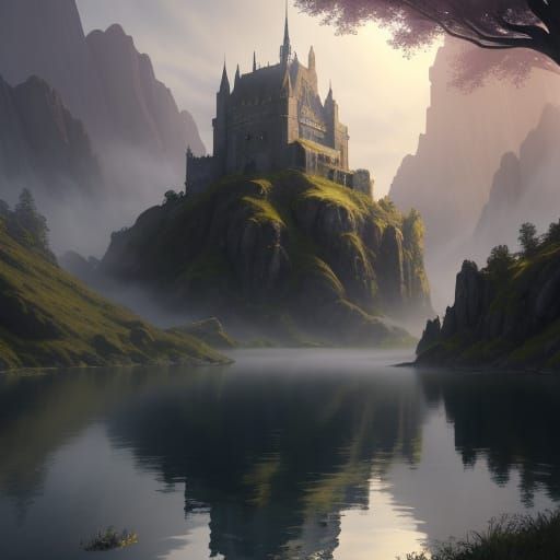 Misty Avalon Island with Elven Architecture at Sunset