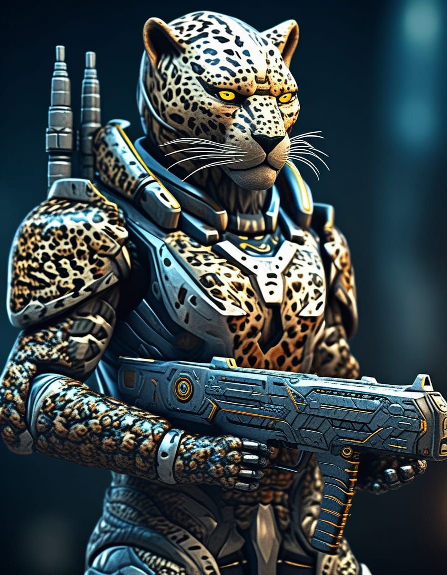 Sci-fi Leopard Man in war Armour, Holding a powerful weapon ...