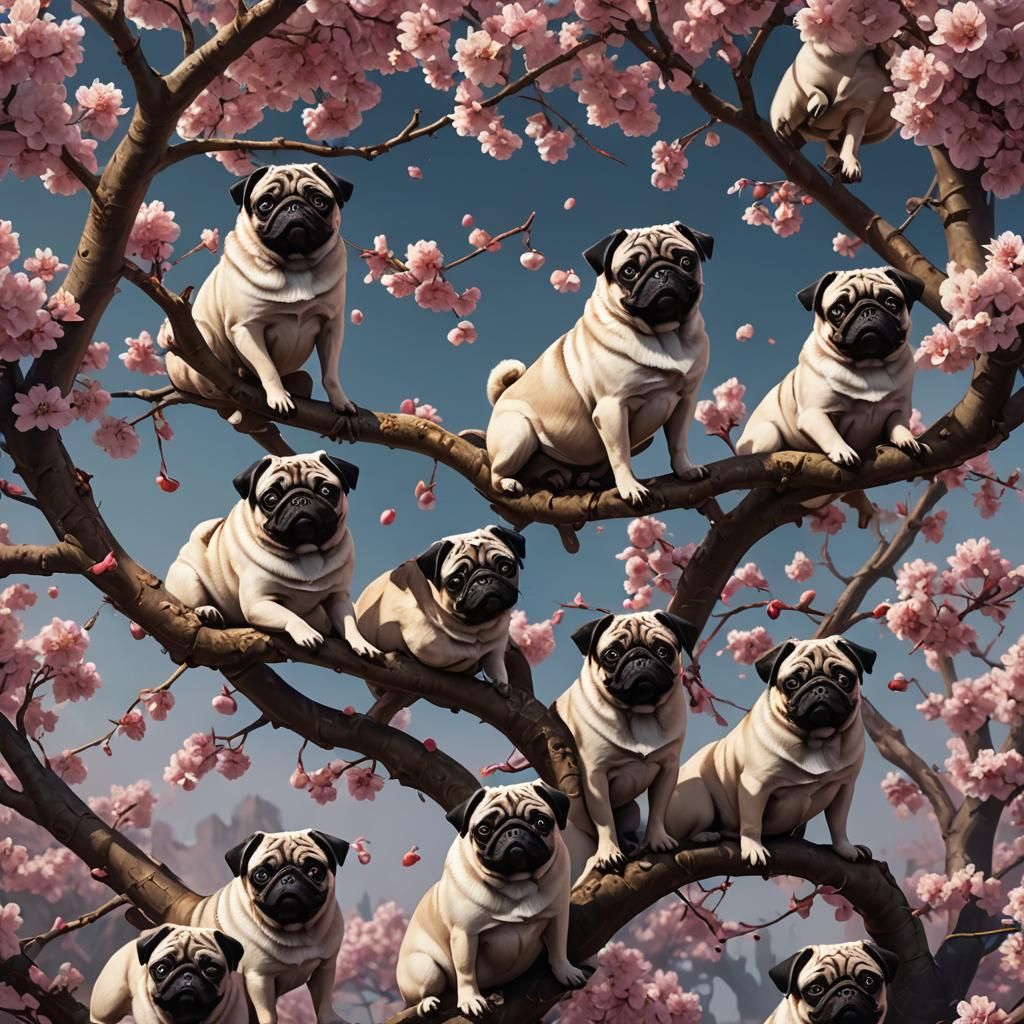 Pugs in Cherry Tree: Fantastical Digital Art