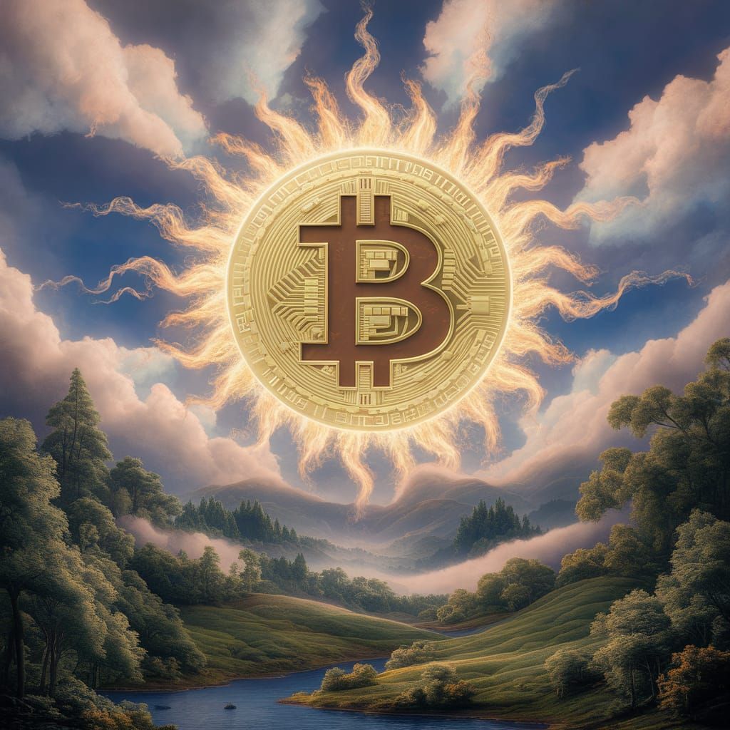 Bitcoin Symbol as Sun in Ethereal Landscape