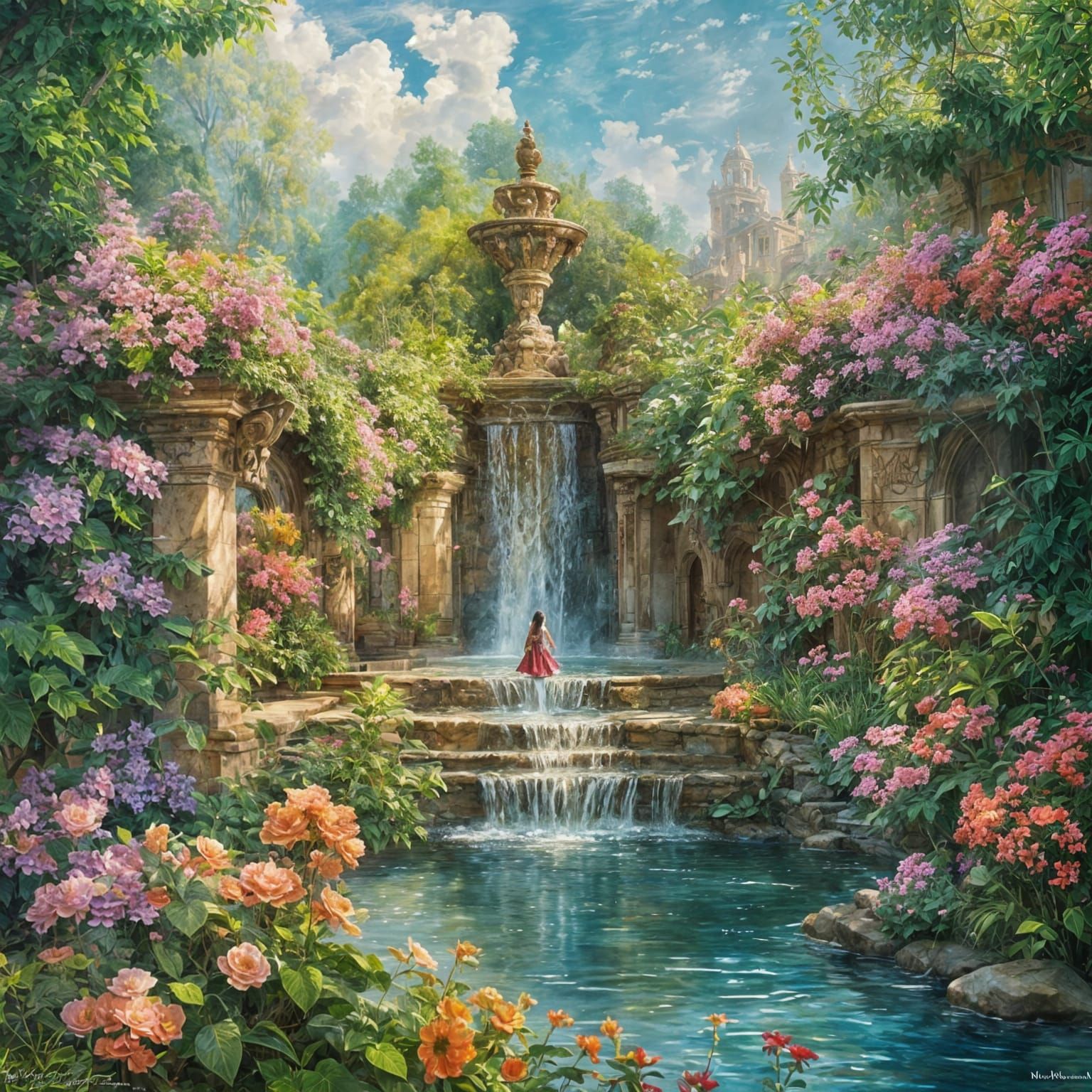 Enchanting Fairy Fountain in Gouache Style