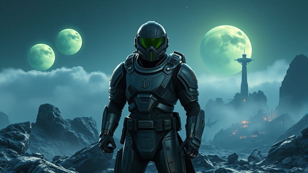 Futuristic Muslim Space Marine on Alien Planet