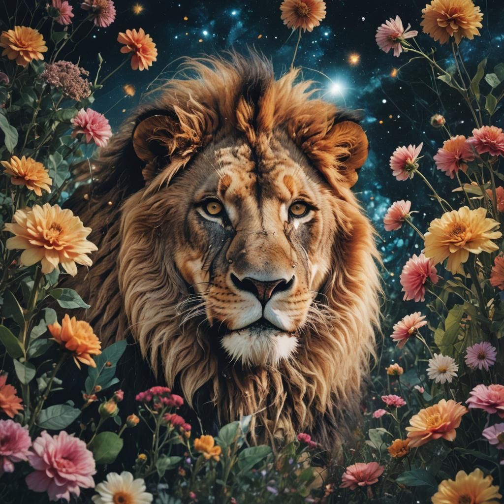 Lion Double Exposure Savannah Night Fantasy Art