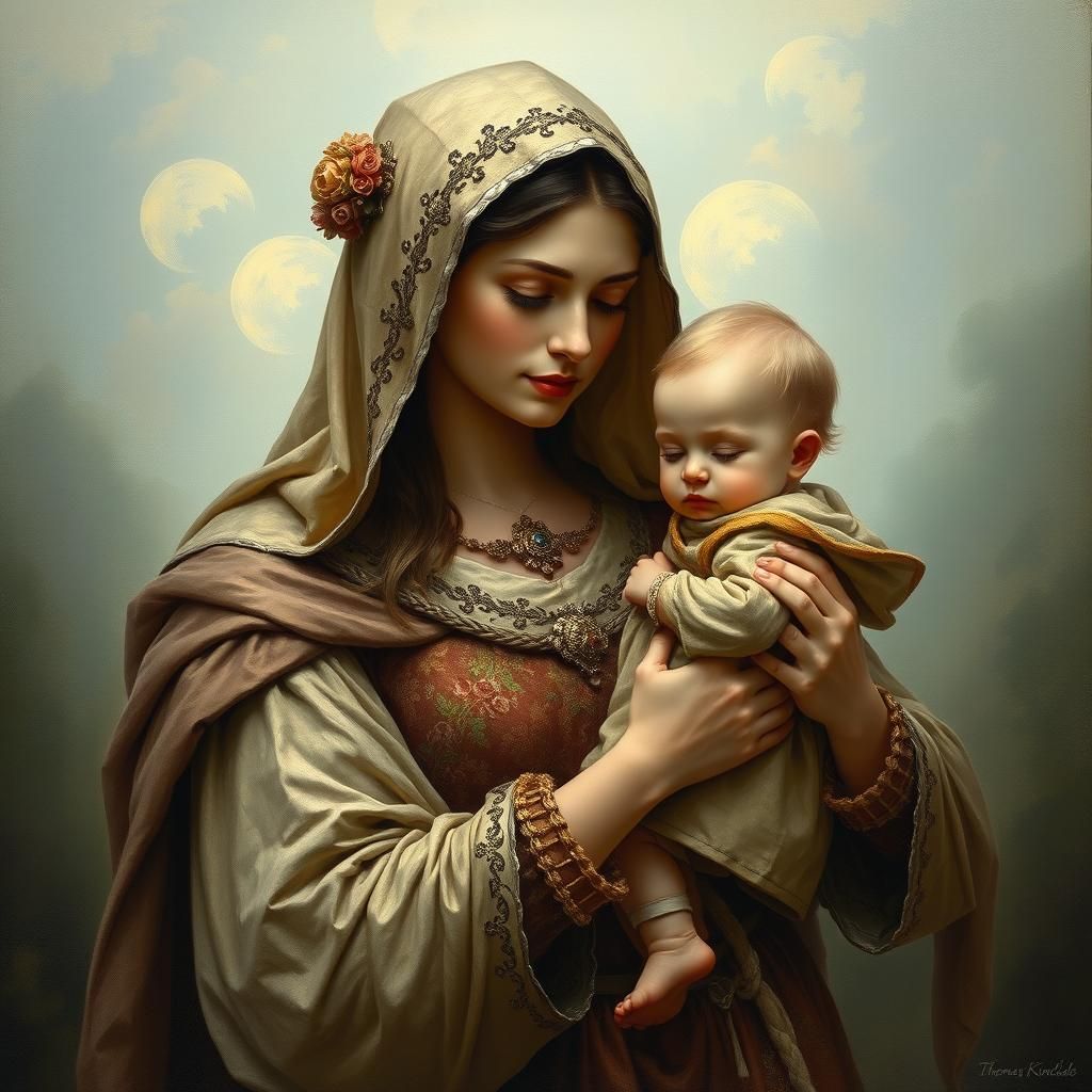 Medieval Mother and Child Portrait in Ethereal Style