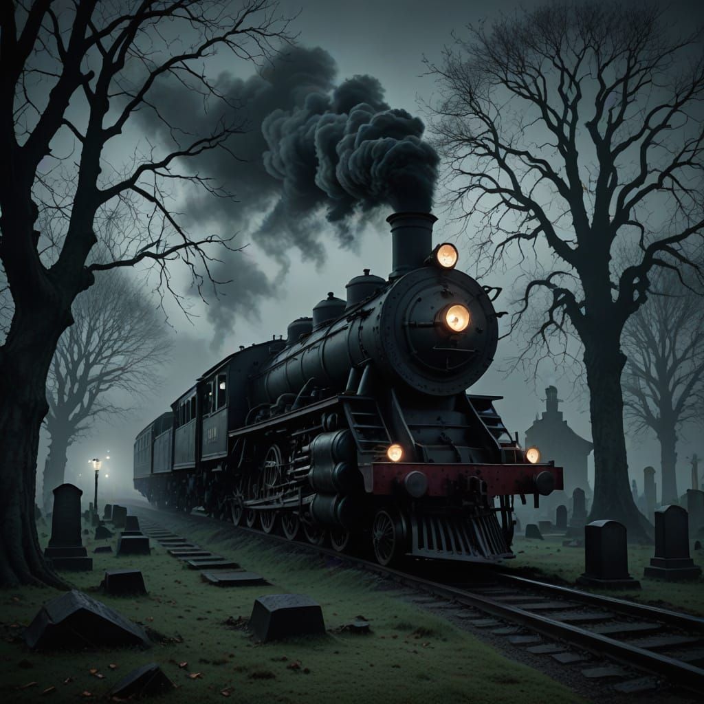 Ghostly Train in Foggy Victorian Graveyard