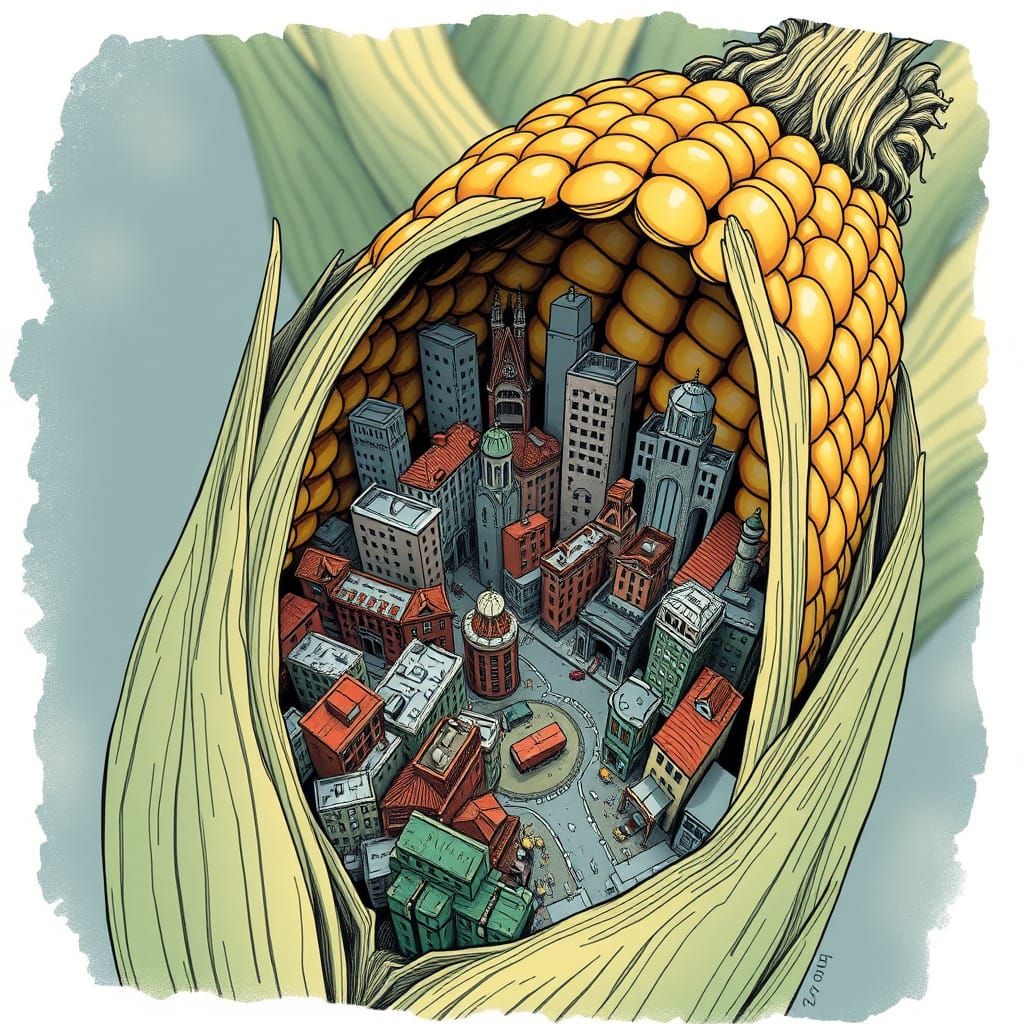Miniature Corn Cityscape in Comic Book Art Style