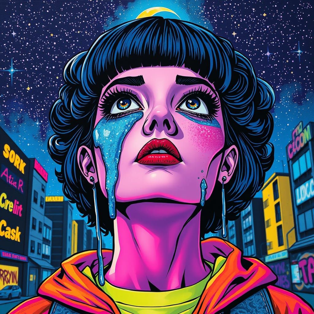 Vibrant Streetwear Goddess Contemplates Cosmic Beauty