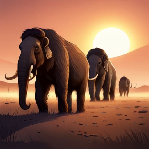 Steppe Mammoths on the Tundra at Sunset